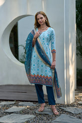 Women's Cotton Sky Blue Floral Printed With Chikankari Embroidered Kurta Pant With Dupatta-AVT-S2024-Sky