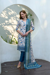Women's Cotton White Blue Floral Printed With Chikankari Embroidered Kurta Pant With Dupatta-AVT-S2026-White