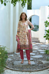 Women's Cotton Pink Floral Printed With Chikankari Embroidered Kurta Pant With Dupatta-AVT-S2027-Pink