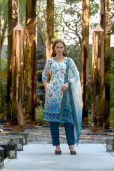 Women's Cotton Sky Blue Floral Printed With Chikankari Embroidered Kurta Pant With Dupatta-AVT-S2028-Sky