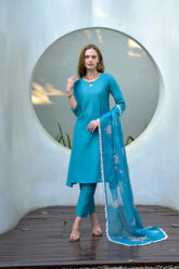 Women's Cotton Sky Blue Emblished Kurta Pant With Dupatta-AVT-S2029-Sky