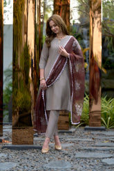 Women's Cotton Brown Emblished Kurta Pant With Dupatta-AVT-S2030-Brown