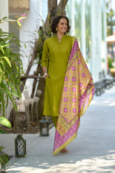 Women's Cotton Green Emblished Kurta Pant With Dupatta-AVT-S2032-Green