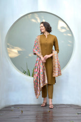 Women's Cotton Mustard Emblished Kurta Pant With Dupatta-AVT-S2034-Mustard