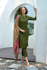 Women's Cotton Dark Green Emblished Kurta Pant With Dupatta-AVT-S2035-Dgreen