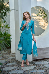 Women's Cotton Sky Blue Embroidered Kurta Pant With Dupatta-AVT-S2039-Sky