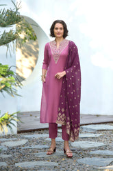 Women's Cotton Wine Embroidered Kurta Pant With Dupatta-AVT-S2040-Wine
