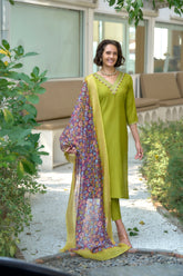 Women's Cotton Light Green Embroidered Kurta Pant With Dupatta-AVT-S2041-LGreen