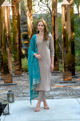 Women's Cotton Grey Embroidered Kurta Pant With Dupatta-AVT-S2042-Grey