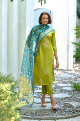 Women's Cotton Light Green Embroidered Kurta Pant With Dupatta-AVT-S2043-LGreen