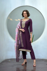 Women's Cotton Purple Embroidered Kurta Pant With Dupatta-AVT-S2046-Purple