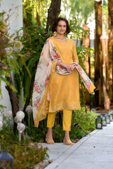 Women's Cotton Yellow Embroidered Kurta Pant With Dupatta-AVT-S2050-Yellow