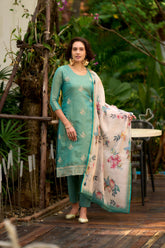 Women's Cotton Teal Embroidered Kurta Pant With Dupatta-AVT-S2051-Teal