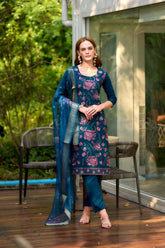 Women's Cotton Teal Embroidered Kurta Pant With Dupatta-AVT-S2052-Teal