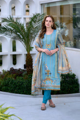 Women's Silk Blend Sky Blue Embroidered Kurta Pant With Dupatta-AVT-S2056-Sky