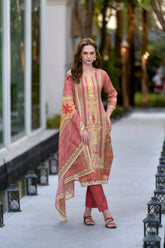 Women's Silk Blend Peach Embroidered Kurta Pant With Dupatta-AVT-S2058-Peach