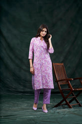 Women's Cotton Linen Lavendar Floral Printed embellished Kurti-AVT-S2062-Lavendar