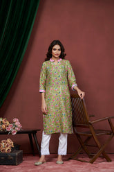 Women's Cotton Linen Olive Floral Printed embellished Kurti-AVT-S2065-Olive