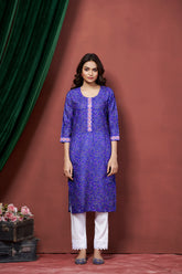 Women's Cotton Linen Royal Blue Printed embellished Bandhani Kurti-AVT-S2066-RBlue