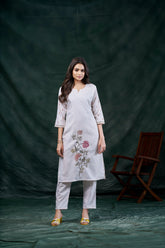 Women's Cotton Linen Off White Floral Printed and Embroidery Kurti-AVT-S2070-OffWhite