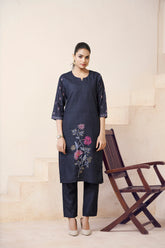 Women's Cotton Linen Black Floral Printed and Embroidery Kurti-AVT-S2071-Black