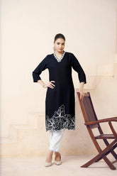 Women's Viscose Rayon Black Embroidery Kurti-AVT-S2072-Black