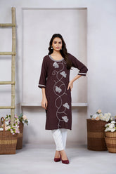 Women's Viscose Rayon Brown Embroidery Kurti-AVT-S2074-Brown