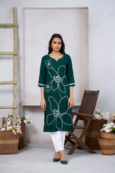 Women's Viscose Rayon Green Embroidery Kurti-AVT-S2075-Green