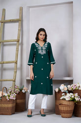 Women's Viscose Rayon Green Embroidery Kurti-AVT-S2077-Green
