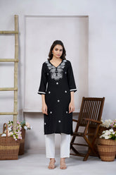 Women's Viscose Rayon Black Floral Embroidery Kurti-AVT-S2078-Black