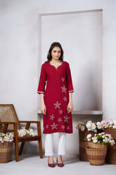 Women's Viscose Rayon Maroon Floral Embroidery Kurti-AVT-S2079-Maroon