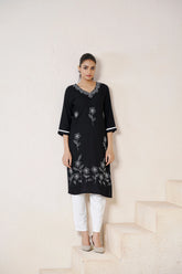 Women's Viscose Rayon Black Floral Embroidery Kurti-AVT-S2083-Black