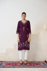 Women's Viscose Rayon Wine Floral Embroidery Kurti-AVT-S2084-Wine