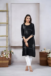 Women's Viscose Rayon Black Floral Embroidery Kurti-AVT-S2086-Black
