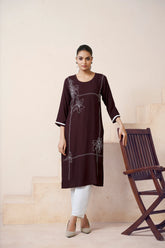 Women's Viscose Rayon Brown Floral Embroidery Kurti-AVT-S2087-Brown