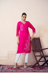 Women's Viscose Rayon Pink Floral Embroidery Kurti-AVT-S2088-Pink