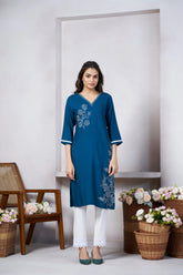 Women's Viscose Rayon Rama Floral Embroidery Kurti-AVT-S2089-Rama