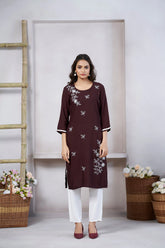 Women's Viscose Rayon Light Brown Floral Embroidery Kurti-AVT-S2091-Brown