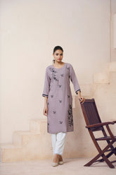 Women's Viscose Rayon Grey Floral Embroidery Kurti-AVT-S2092-Grey