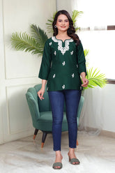 Women's Viscose Rayon Dark Green Floral Embroidery Tunic-AVT-TUNIC2-DGreen