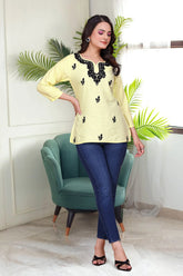 Women's Viscose Rayon Yellow Floral Embroidery Tunic-AVT-TUNIC5-Yellow