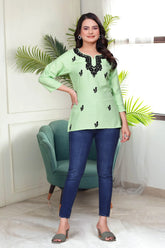 Women's Viscose Rayon Pista Floral Embroidery Tunic-AVT-TUNIC7-Pista