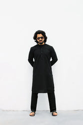 Men's Black Solid Cotton Kurta Payjama Set