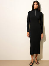 Women Black Rib High Neck Front Half Zipper Dress-BADRSS12558
