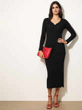 Women Black Rib Sweetheart Neck Ankle Full Sleeve Midi Dress-BADRSS12570