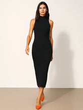 Women Black Rib Sleeveless Turtle Neck Midi Dress-BADRSS12571