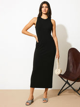 Women Black Rib Sleeveless Bodycon Maxi Dress-BADRSS12577