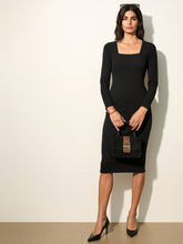 Women Black Rib Square Neck FS Midi Dress-BADRSS12579