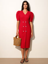 Women Red Double Button Mock Placket Bodycon Dress-BADRSS12586