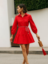 Women Red Poplin Short Skater Dori-Belt Dress-BADRSS12594